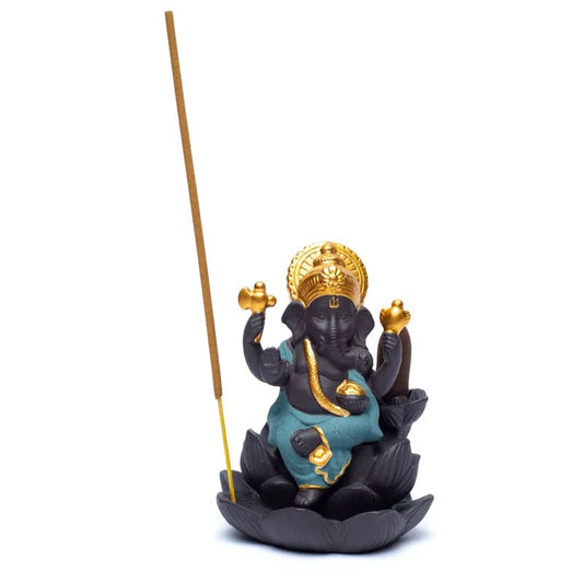 Brûleur d'encens à refoulement avec 'Ganesh', en céramique de 9x8x12 cm - ± 290 gr. Pour brûler l'encens à refoulement ou cônes normal !