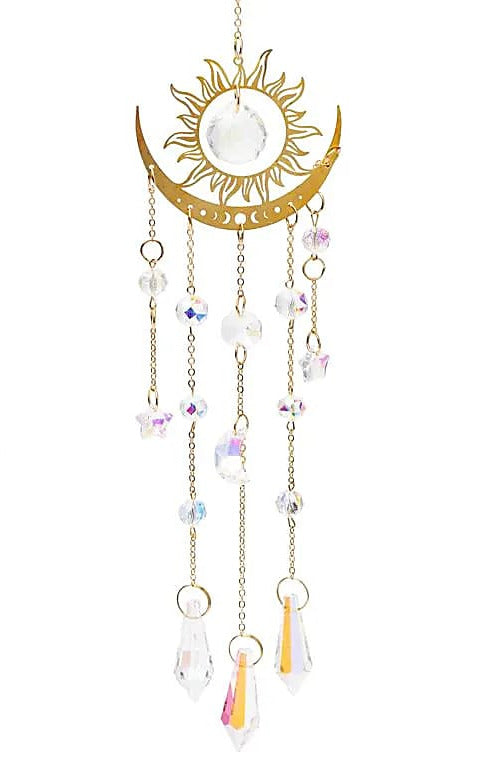 Guirlande attrape-soleil décorative représentant le soleil et une demi-lune en métal doré - 8 x 44 cm