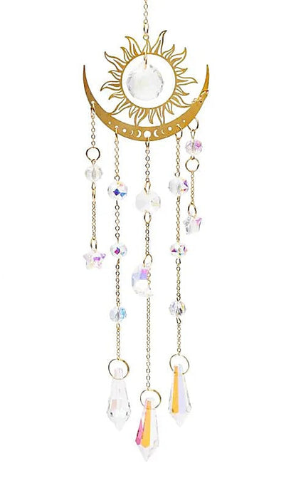 Guirlande attrape-soleil décorative représentant le soleil et une demi-lune en métal doré - 8 x 44 cm