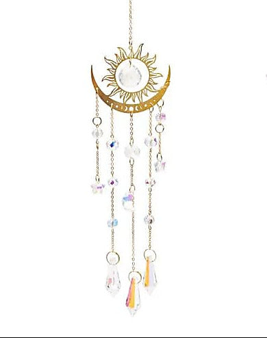 Guirlande attrape-soleil décorative représentant le soleil et une demi-lune en métal doré - 8 x 44 cm