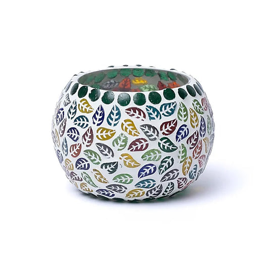 Bougeoir en verre coloré de style mosaique avec motifs de feuilles. Taille 9 cm - ± 210 gr. - Vente à l'unité ou par 2 !