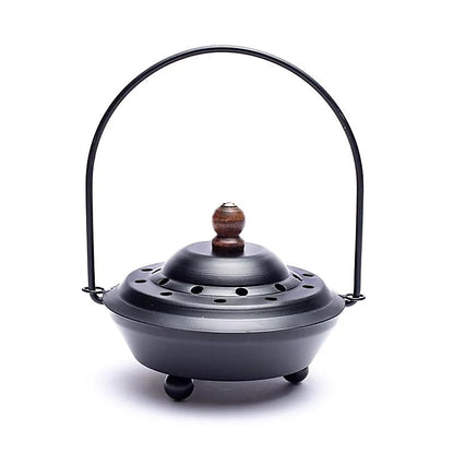 Porte-encens/ encensoir en métal avec couvercle et avec poignée pivotante de 13 cm - 434 gr. Pour brûler et ventiler tous les encens, parfait ! Fait en Inde !