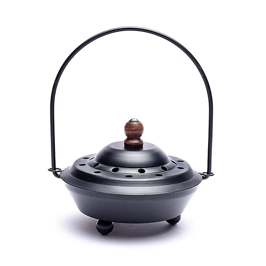 Porte-encens/ encensoir en métal avec couvercle et avec poignée pivotante de 13 cm - 434 gr. Pour brûler et ventiler tous les encens, parfait ! Fait en Inde !