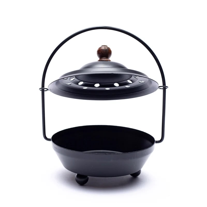 Porte-encens/ encensoir en métal avec couvercle et avec poignée pivotante de 13 cm - 434 gr. Pour brûler et ventiler tous les encens, parfait ! Fait en Inde !