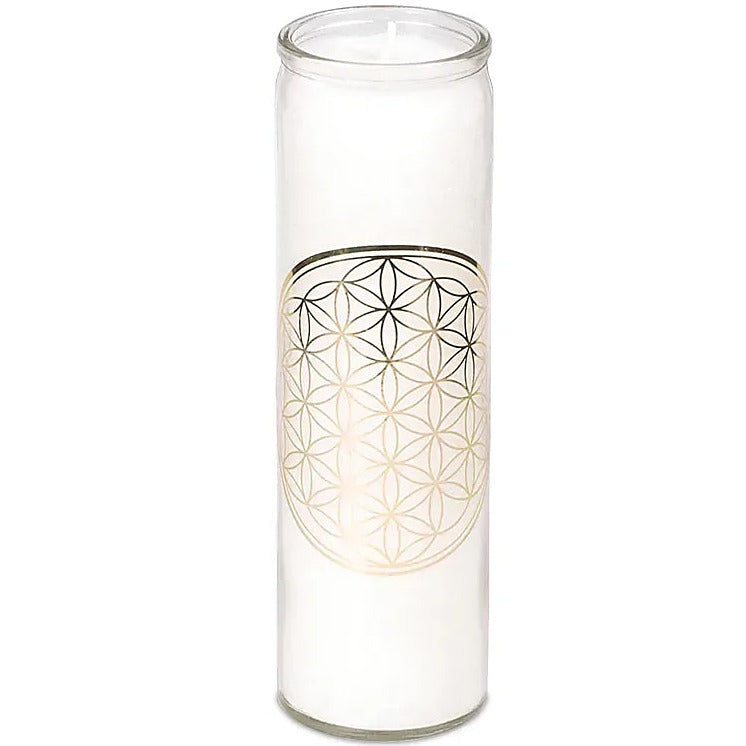Bougies Fleur de Vie, durée de 100 Heures, à la stéarine, verre recyclé - 21 cm x 6,5 cm - 800 grammes !