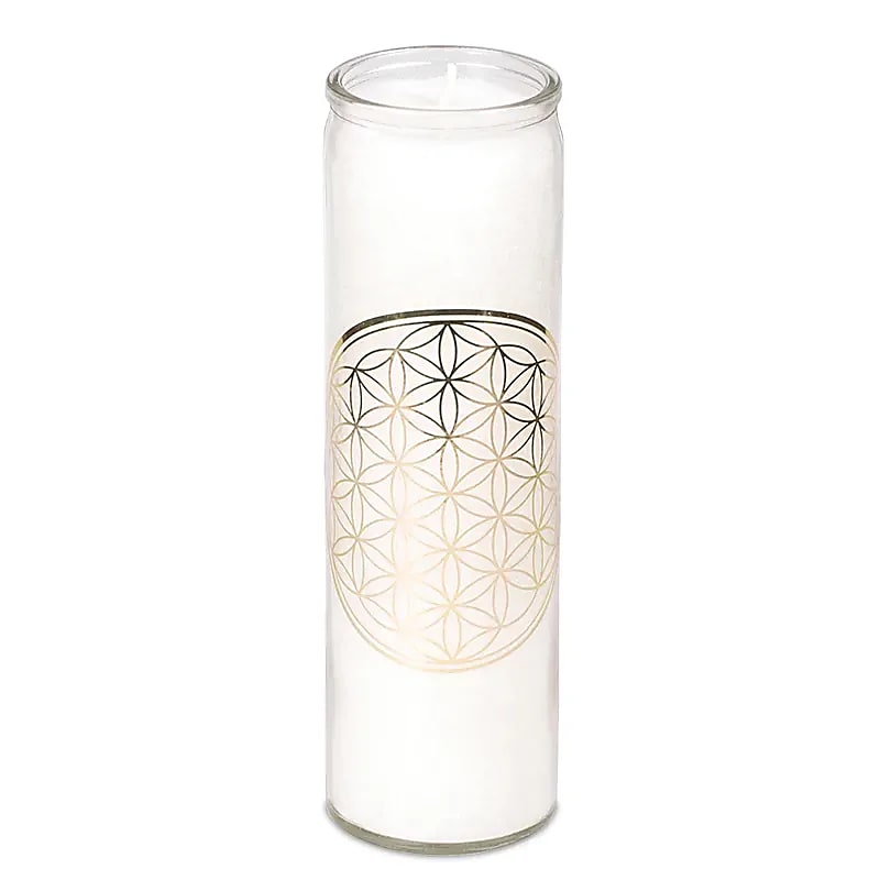 Bougies Fleur de Vie, durée de 100 Heures, à la stéarine, verre recyclé - 21 cm x 6,5 cm - 800 grammes !