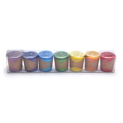 Bougies votives parfumées des Chakra, a l'unité ou en set de 7 - 15 H. de combustion - 4,5x4 cm - 450 grammes les 7 !