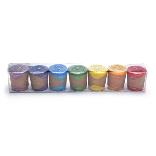 Bougies votives parfumées des Chakra, a l'unité ou en set de 7 - 15 H. de combustion - 4,5x4 cm - 450 grammes les 7 !