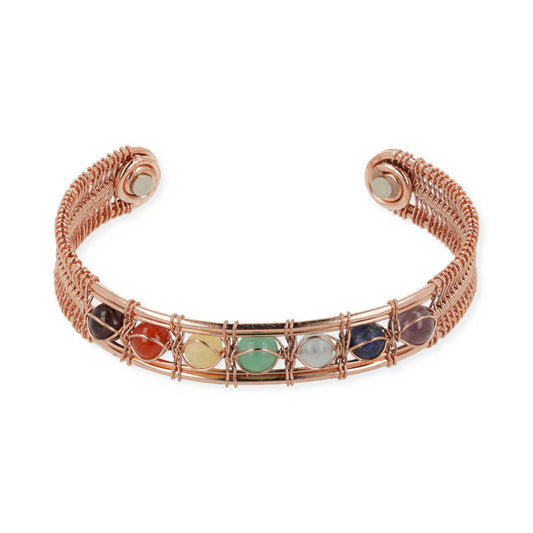 Bracelet magnétique en cuivre avec perles 7 chakras et aimants fixés aux deux extrémités - 7 x 6 cm/ 20gr.