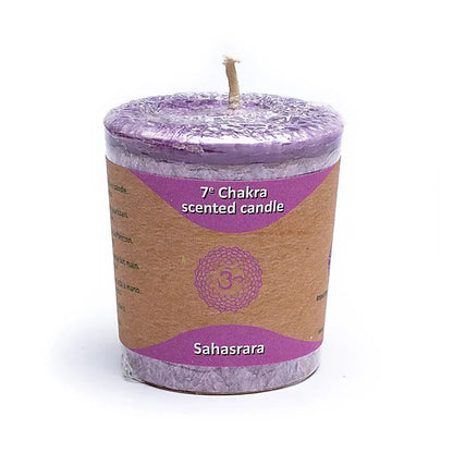 Bougies votives parfumées des Chakra, a l'unité ou en set de 7 - 15 H. de combustion - 4,5x4 cm - 450 grammes les 7 !
