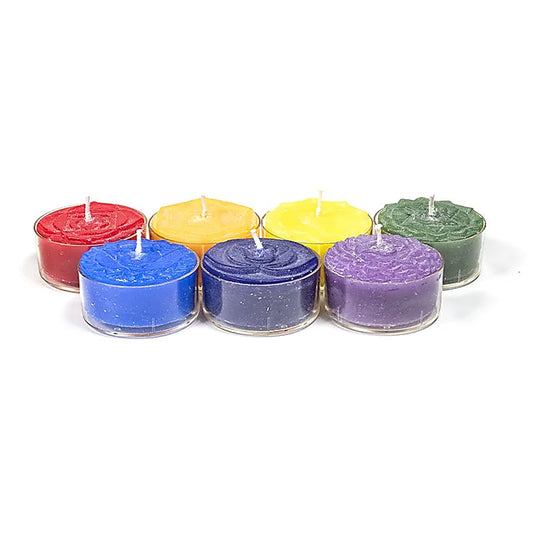 Bougies chauffe-plat parfumées des Chakra, en set de 7 - 5 H. de combustion - 4x2 cm - 150 grammes les 7 !