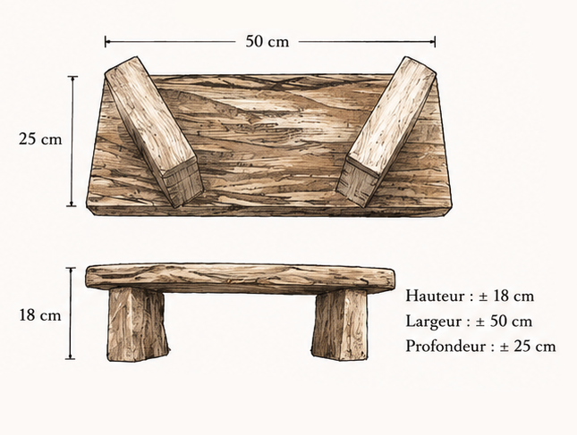 Banc de méditation ou pour décoration, fait en chêne - 50 x 23 x 20 cm