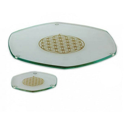Energyplate (sous-verre et dessous de plat) de chez 'Natur Design', de 9 ou 22 centimètres. Avec gravure de la fleur de vie en Or 23,8 carats. Verre sans plomb ni métaux lourd !