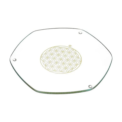Energyplate (sous-verre et dessous de plat) de chez 'Natur Design', de 9 ou 22 centimètres. Avec gravure de la fleur de vie en Or 23,8 carats. Verre sans plomb ni métaux lourd !