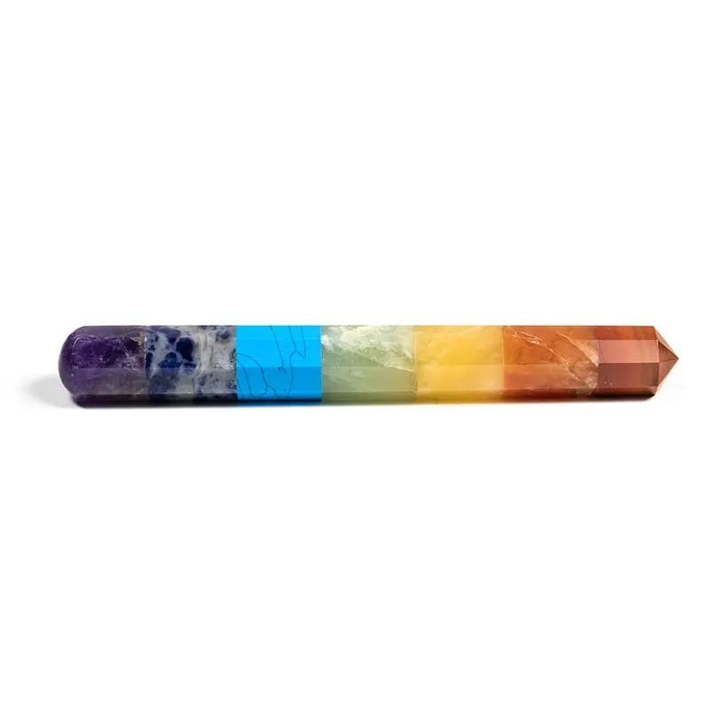 Bâton de massage chakra coloré de 14 cm - En améthyste, sodalite, angélite, aventurine verte, aventurine jaune, aventurine pêche et jaspe rouge. Le côté pointu est particulièrement adapté à l'acupression ou au massage des points de déclenchement