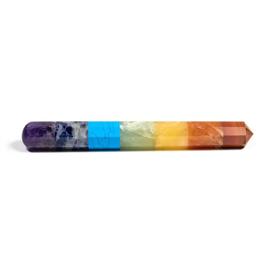 14cm Colorful Chakra Massage Wand - Made of amethyst, sodalite, angelite, green aventurine, yellow aventurine, peach aventurine, and red jasper. The pointed end is especially suited for acupressure or trigger point massage.