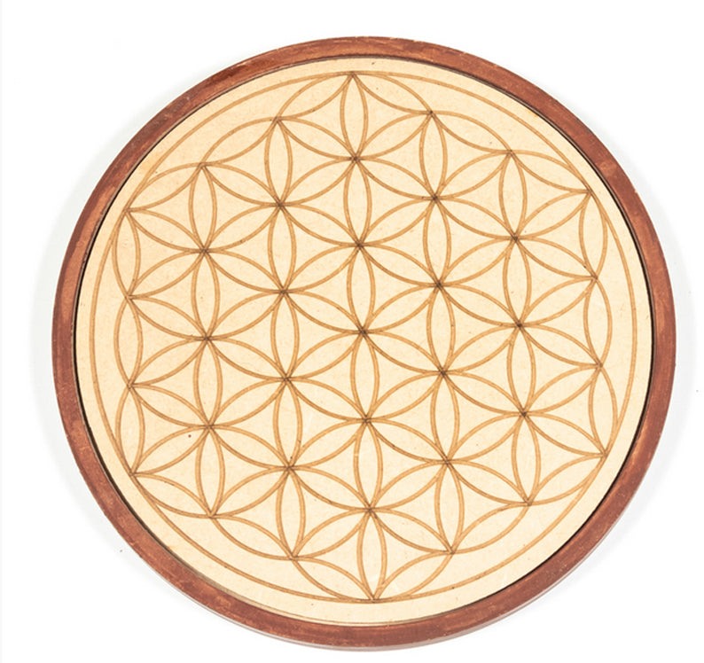 Cadran/ Plateau avec fleur de vie pour rituel lié à l'amour, avec cristal de roche, quartz rose, émeraude, grenat et jade...
