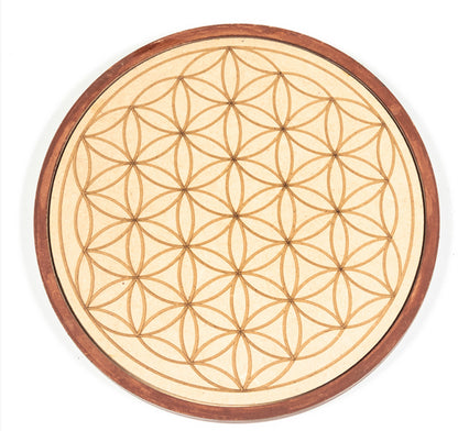 Cadran/ Plateau avec fleur de vie pour rituel lié à l'amour, avec cristal de roche, quartz rose, émeraude, grenat et jade...