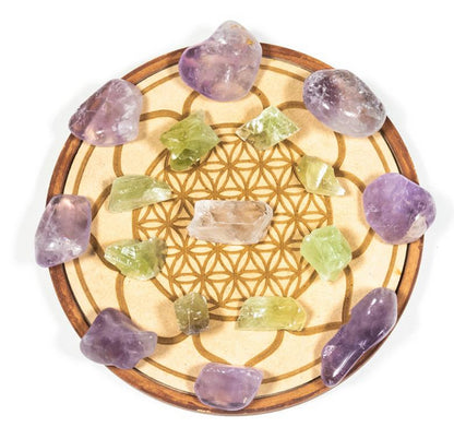 Cadran/ Plateau fleur de vie de 17 cm, avec Améthyste et Calcite verte, kit pour appeler au bien-être, au renforcement de sa force vitale !