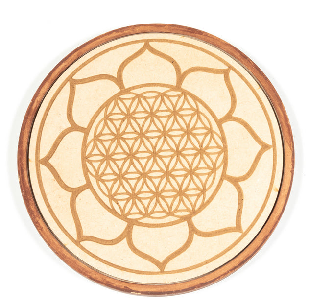 Cadran/ Plateau fleur de vie de 17 cm, avec Améthyste et Calcite verte, kit pour appeler au bien-être, au renforcement de sa force vitale !