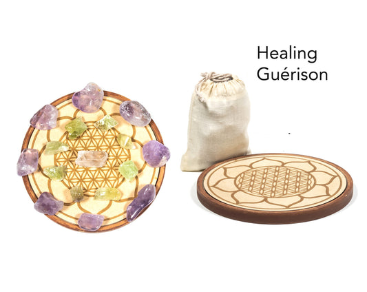 Cadran/ Plateau fleur de vie de 17 cm, avec Améthyste et Calcite verte, kit pour appeler au bien-être, au renforcement de sa force vitale !