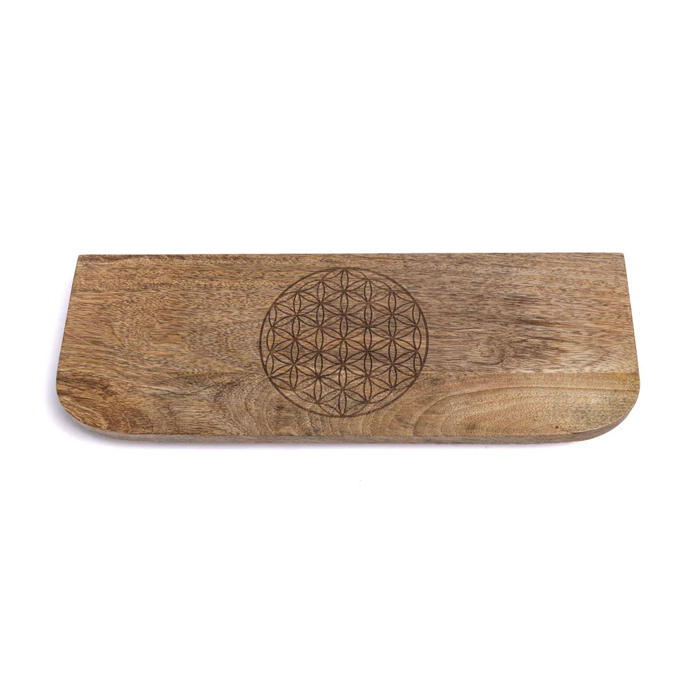 Foldable meditation bench with engraving of the Flower of Life - Mango wood. Convenient to carry - ± 48 x 18 cm