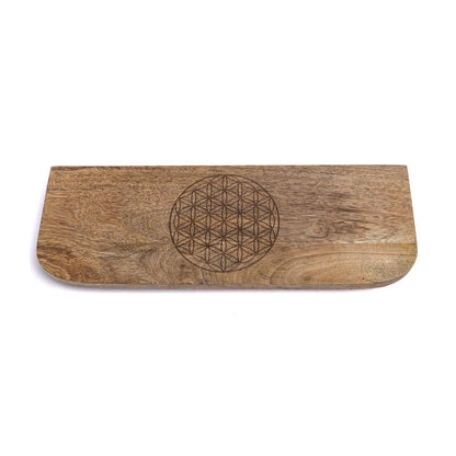 Foldable meditation bench with engraving of the Flower of Life - Mango wood. Convenient to carry - ± 48 x 18 cm