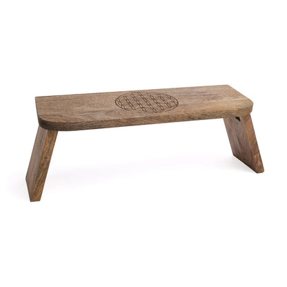 Foldable meditation bench with engraving of the Flower of Life - Mango wood. Convenient to carry - ± 48 x 18 cm