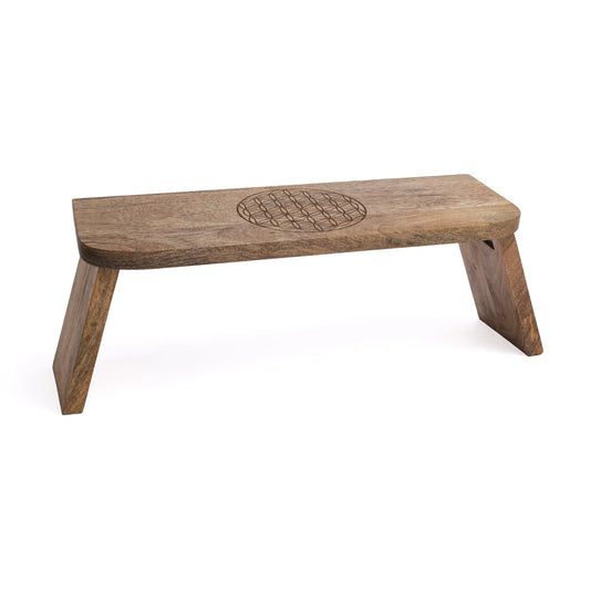 Banc de méditation pliable avec gravure de la Fleur de vie - Bois de manguier. Pratique à emporter - ± 48 x 18 cm