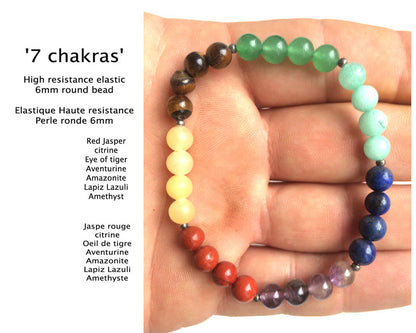 Bracelets '7 chakras', 2 modèles au choix en perles de 6 ou 8 millimètres, longueur au choix de 17 à 21 centimètres ! Trés belle qualité de perle, parfait !