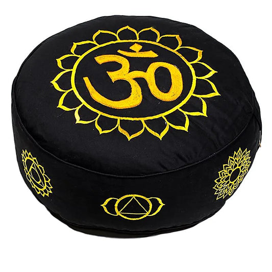 Coussin de Méditation ou de Yoga avec motif du Om. Taille 33 centimètres de diamètre x 13 centimètres de hauteur. 2300 grammes. De chez Yogi & Yogini, fait en Inde !