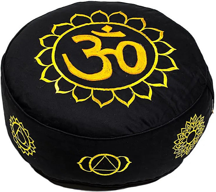 Coussin de Méditation ou de Yoga avec motif du Om. Taille 33 centimètres de diamètre x 13 centimètres de hauteur. 2300 grammes. De chez Yogi & Yogini, fait en Inde !