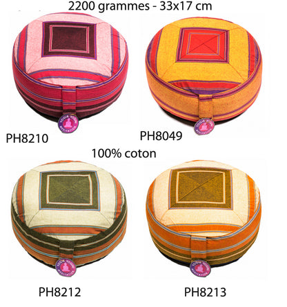 Sélection de coussins de Yoga ou Méditation, modèles au choix de : 33 cm de diamètre x 17 de hauteur. Housses extérieures en coton, ou chanvre, aux couleurs et motifs variés, avec housses intérieures remplis de graines de Sarrasin !