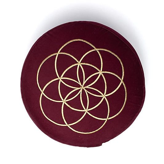 Coussin de Méditation ou de Yoga avec le motif d'une fleur de vie. Taille 33 centimètres de diamètre x 17 centimètres de hauteur. 2300 grammes. De chez Yogi & Yogini, fait en Inde !