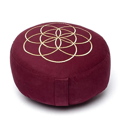 Coussin de Méditation ou de Yoga avec le motif d'une fleur de vie. Taille 33 centimètres de diamètre x 17 centimètres de hauteur. 2300 grammes. De chez Yogi & Yogini, fait en Inde !
