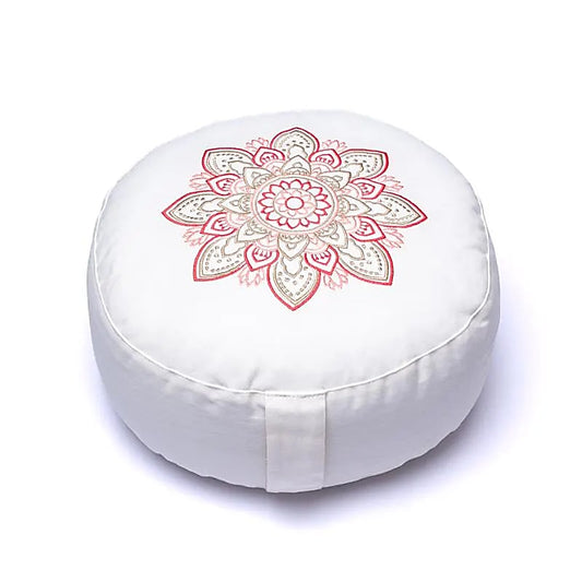 Coussin de Méditation/ Yoga avec le dessin d'un Mandala', 33 centimètres de diamètre x 17 centimètres de hauteur. 2300 grammes. De chez Yogi & Yogini, fait en Inde !