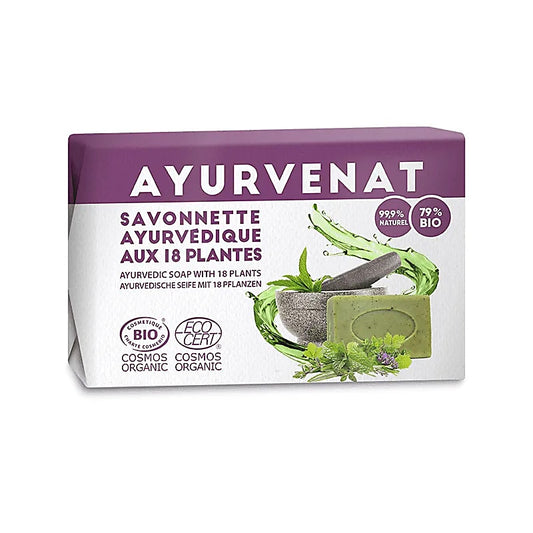 Savon Bio de chez Ayurvenat aux 18 Herbes de l’Ayurveda – Nettoyant Visage & Corps pour Peaux Grasses ou à Problèmes, au Cumin Noir, Patchouli, Arbre à Thé, Lavandin & Eucalyptus