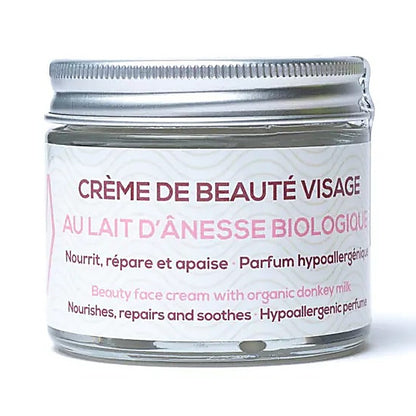 Crème de beauté nourrissante au lait d'ânesse bio. Hypoallergénique et riche en vitamines et minéraux, cette crème convient à tous les types de peau - 50 g