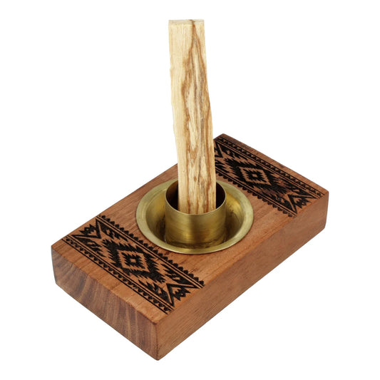 Brûleur en bois d'acacia avec motif tribal pour brûler des bâtons de palo santo - 12 x 7 x 3,5 cm