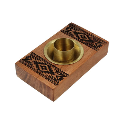 Brûleur en bois d'acacia avec motif tribal pour brûler des bâtons de palo santo - 12 x 7 x 3,5 cm