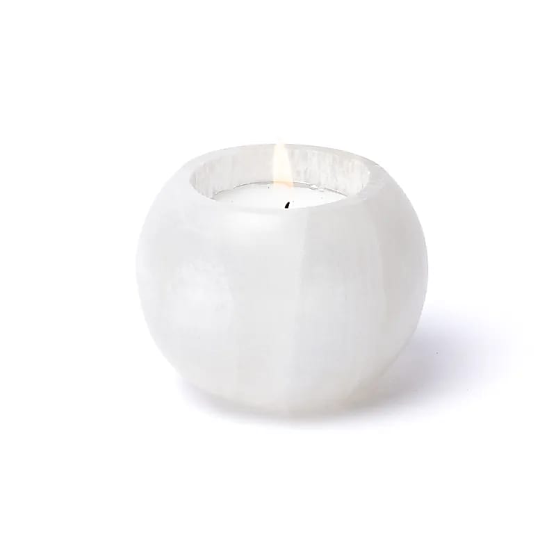 Bougeoir en pierre de 'sélénite', 2 tailles au choix : ±7 ou 10 cm de diamètre - 240 ou 1180 gr.- Convient aux bougies chauffe-plat !