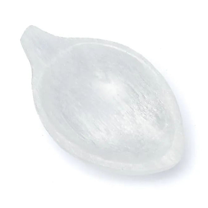 Plat en sélénite en forme de feuille, parfait pour présenter des bijoux ou de petites décorations - 11 x 7 x 2,5 cm