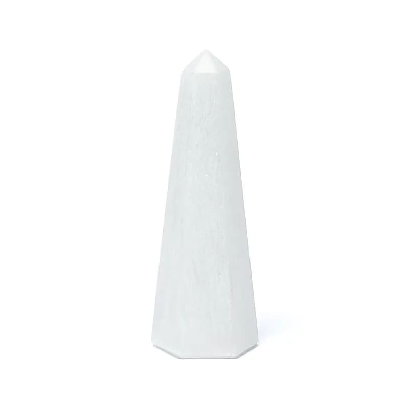 Obélisque en sélénite, forme puissante, placez-la comme pièce décorative dans un espace de vie ou de travail pour améliorer le feng shui - 3 formats au choix de 6, 10 et 15 cm de haut