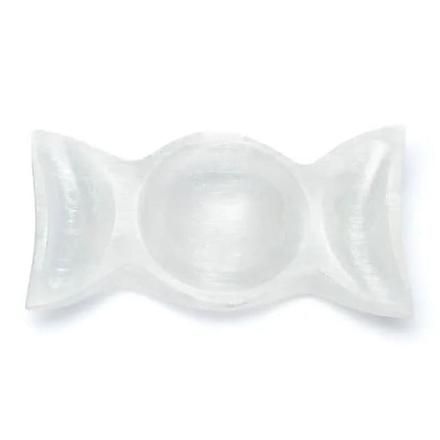 Plat en sélénite en forme de triple lune, parfait pour présenter des bijoux ou de petites décorations - 16 x 8 cm