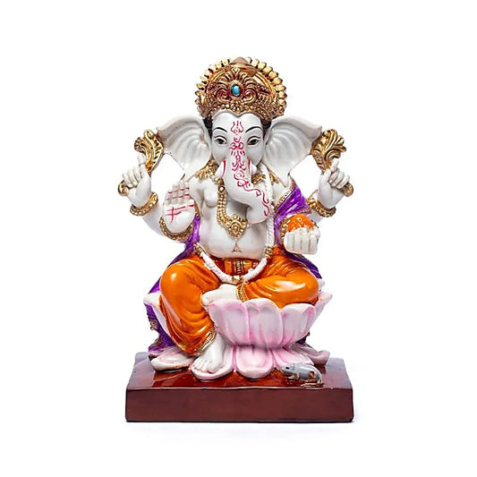Ganesh coloré sur trône de Lotus - 19 x 11 centimètres - 510 grammes - Modèle peint à la main !