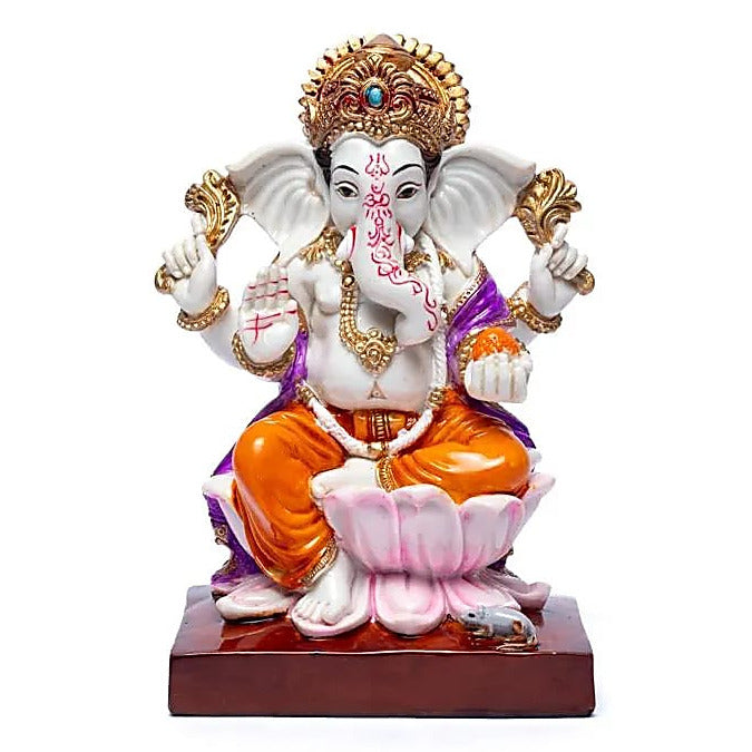Ganesh coloré sur trône de Lotus - 19 x 11 centimètres - 510 grammes - Modèle peint à la main !