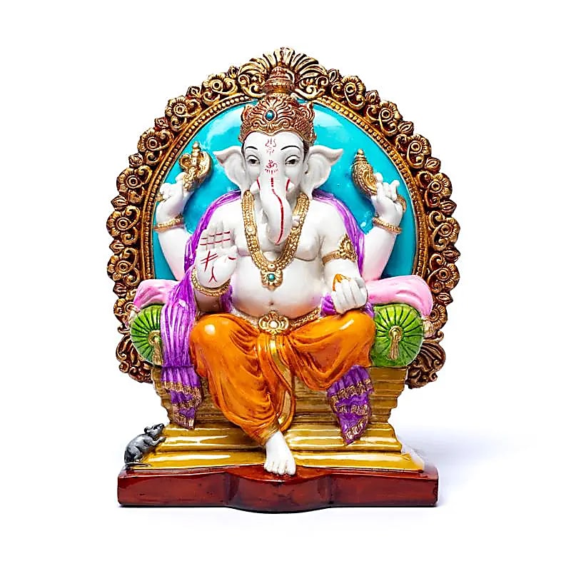 Ganesh coloré sur trône - De 28 x20 centimètres - 1700 grammes - Modèle peint à la main !