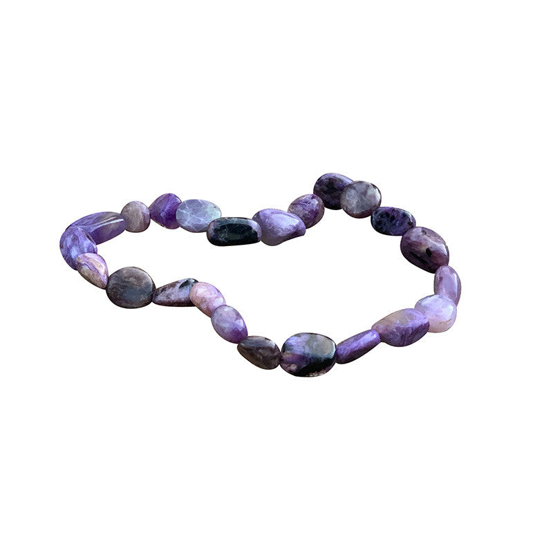 Charoïte, bracelet de 17 à 21cm, collier de 42cm et sautoir de 60cm. Perles de type 'Graine' de formes naturelles montées sur fil de haute résistance !