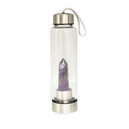 Sélection de carafes en verre et acier inoxydable de 550 ml. Pour élixir ou dynamisation de l'eau, au choix : Améthyste, Labradorite, œil de tigre ou Cristal de roche. Vendu avec housse !