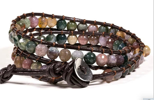 Bracelet en cuir multi-rang (2 tours), 87 perles d'Agate naturelle de 6mm - 27 cm de long - 46 gr. !